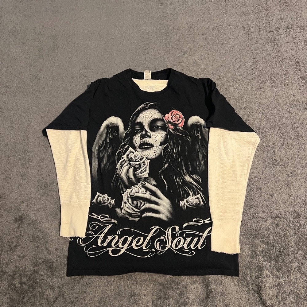 Y2K Angel Soul Sugar Skull Graphic Shirt Black Fruit of the Loom Cotton Large